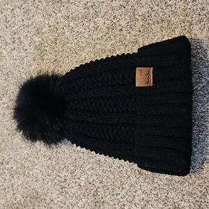 Faux Fur Black Pom-Pom Beanie